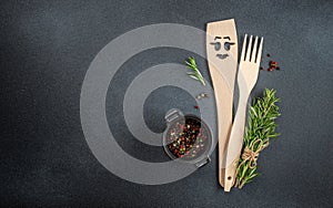 Food cooking background with cutting board on a dark background. ingredients for grilling meat steak. Long banner format. top view