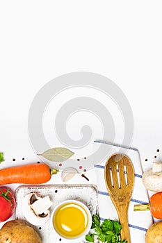 Food cooking background. Fresh vegetables, spices and mushrooms