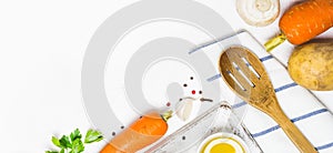 Food cooking background. Fresh vegetables, spices and mushrooms on white background