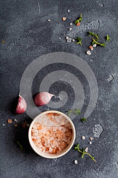 Food cooking background. Spices herbs and garlic at black slate table. Food ingredients top view