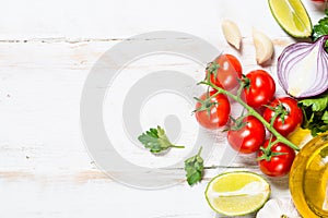 Food cooking background on white wooden table.