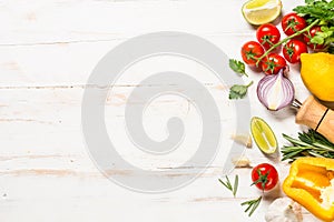 Food cooking background on white wooden table.