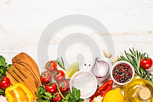 Food cooking background on white wooden table.