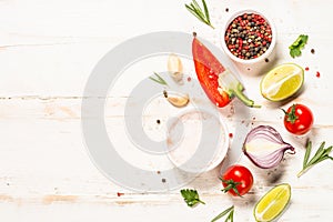 Food cooking background on white wooden table.