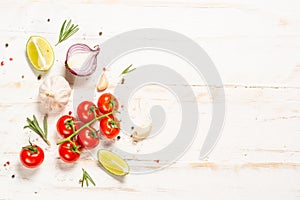 Food cooking background on white wooden table.