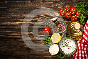 Food cooking background on wooden kitchen table.