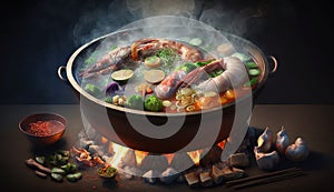 Food cooking on grill over burning coals ,generative AI