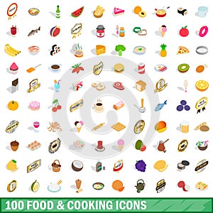 100 food and cooking icons set, isometric 3d style