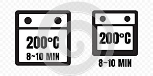 Food cooking package instruction vector label icons. Food cooking in microwave and baking in oven with temperature and time