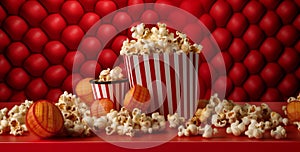 cinema bucket box popcorn film stripes blue background corn red food. Generative AI.