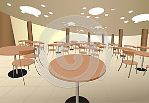 Food cort cafe with tables in mall interior