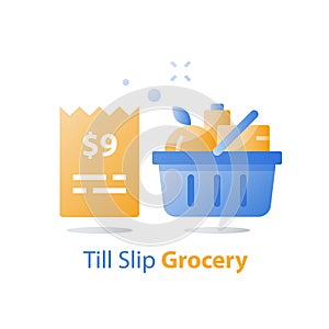 Food cost, till slip and full grocery basket, supermarket special offer, consumption concept