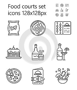 Food court icon set vector. Pizza, alcohol, drinks are shown. Grill, fish, seafood menu. Snacks, salad, torts are