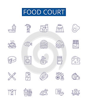 Food court line icons signs set. Design collection of Cafeteria, Eateries, Canteen, Bistro, Delicatessen, Bistro, Grill