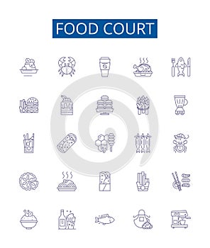 Food court line icons signs set. Design collection of Cafeteria, Eateries, Canteen, Bistro, Delicatessen, Bistro, Grill photo