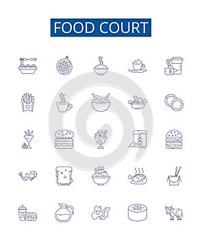 Food court line icons signs set. Design collection of Cafeteria, Eateries, Canteen, Bistro, Delicatessen, Bistro, Grill photo