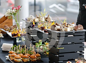 Food court. A set of catering dishes, food on a black plate.