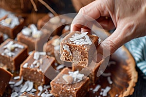 food cravings, a hand excitedly grabbing a coconut fudge piece, ready to savor its rich and indulgent taste photo