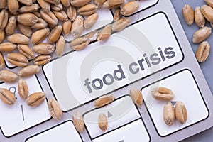 Food crisis or cereal shortage concept with computer keyboard and wheat seeds