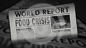 Food crisis news, famine and hunger disaster retro newspaper printing press