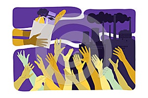 Food Crisis and Shortage with Hand Donating Product Bag to Crowd of Reaching Hands Vector Illustration