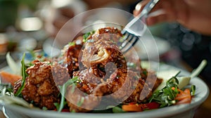 A food critic samples a crunchy and flavorful jerk chicken dish noting the perfectly balanced blend of es and the photo