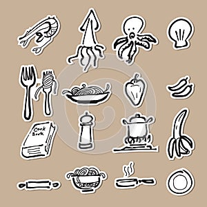 Food and cuisine drawing icons paper cut