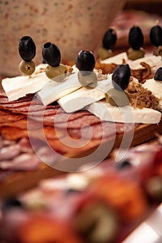 Food decoration on a wooden table. Tasty food on a table.