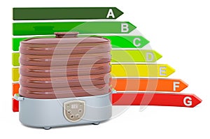 Food dehydrator with energy efficiency chart, 3D rendering