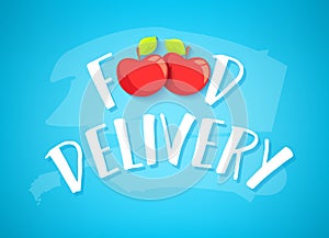 Food Delivery banner with text and two apples on blue background. Vector