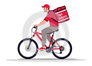 Food delivery biker semi flat RGB color vector illustration