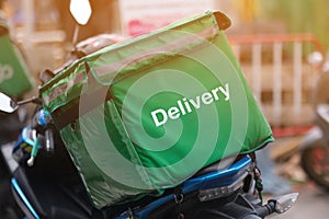 Food delivery box on motorcycle, food delivery service