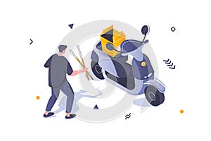 Food delivery concept in 3d isometric design. Man receives his order parcel from restaurant using fast courier shipping on scooter