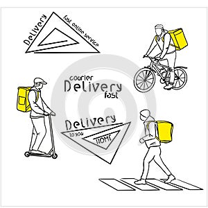Food delivery by couriers on bicycles, scooters and on foot.  Delivery service logos