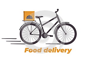 Food delivery design. Bicycle with box on the trunk. Food delivery service logo. Fast delivery. Flat vector illustration.