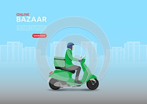 Food delivery e-bazaar services. Conceptual of Bazaar Online, food and beverages services