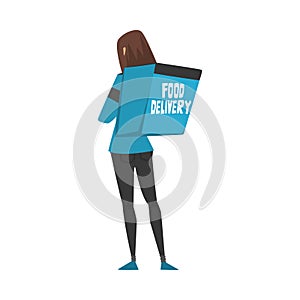 Food Delivery Girl Carrying Backpack Box, Female Courier Character Wearing Blue Uniform with Parcel on her Back, Food