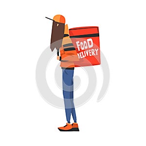 Food Delivery Girl Carrying Backpack Box, Teenage Courier Character Wearing Uniform with Parcel on her Back, Food