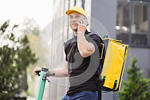 Food delivery guy with yellow backpack deliver orders.