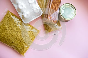 Food delivery home during quarantine: noodles, canned food, buckwheat, crackers