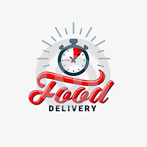 Food delivery icon. Timer and food delivery inscription on light background. Fast delivery, express and urgent shipping