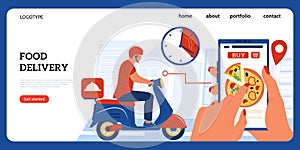 Food delivery landing page. People order food using mobile application. Courier drives scooter and takes purchases to