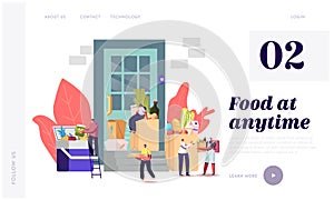Food Delivery Landing Page Template. Couriers Characters Stand at Door with Paper Bags with Grocery Products, Shipping