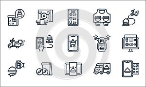 food delivery line icons. linear set. quality vector line set such as review, take away, payment, van, doughnut, scooter, drone,
