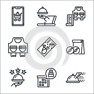 food delivery line icons. linear set. quality vector line set such as tray, calendar, rating, doughnut, voucher, take away, bill,