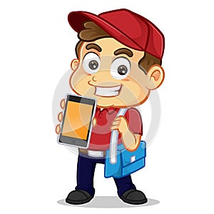 Food delivery man holding phone and smiling