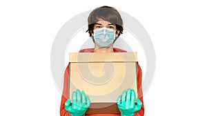 Food delivery. A man in holds a box. isolate copy space