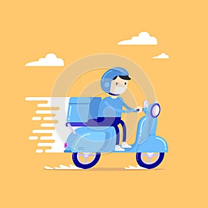 Food delivery man riding a blue scooter, courier in respiratory mask.