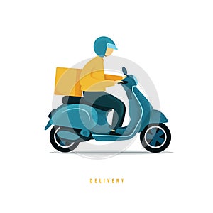 Food delivery man riding a blue scooter. Man courier riding scooter with parcel box fast delivery concept.