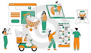 Food Delivery with Man and Woman Use Smartphone Application to Order Vector Set